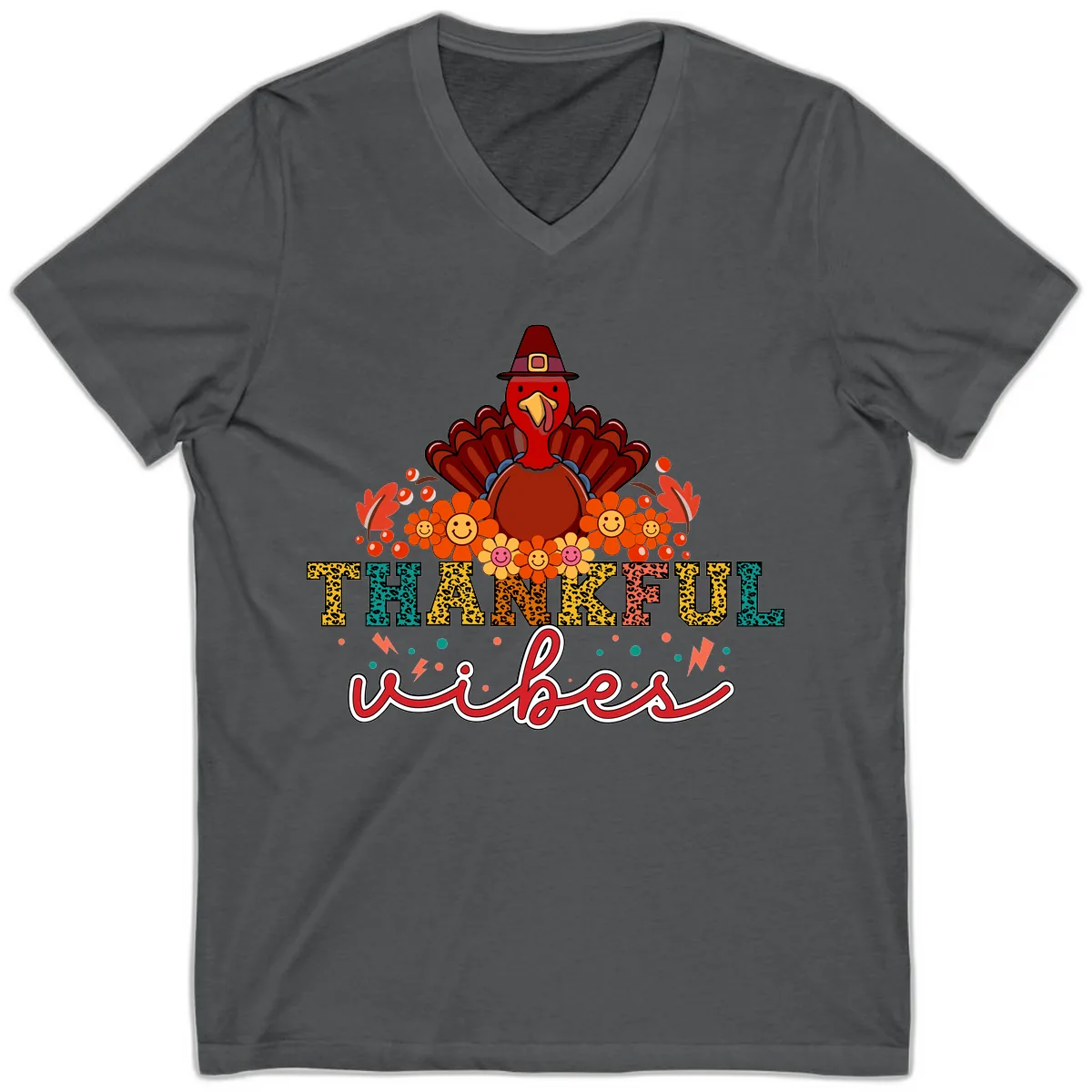 Turkey Vibes Thanksgiving Design V-Neck in Asphalt
